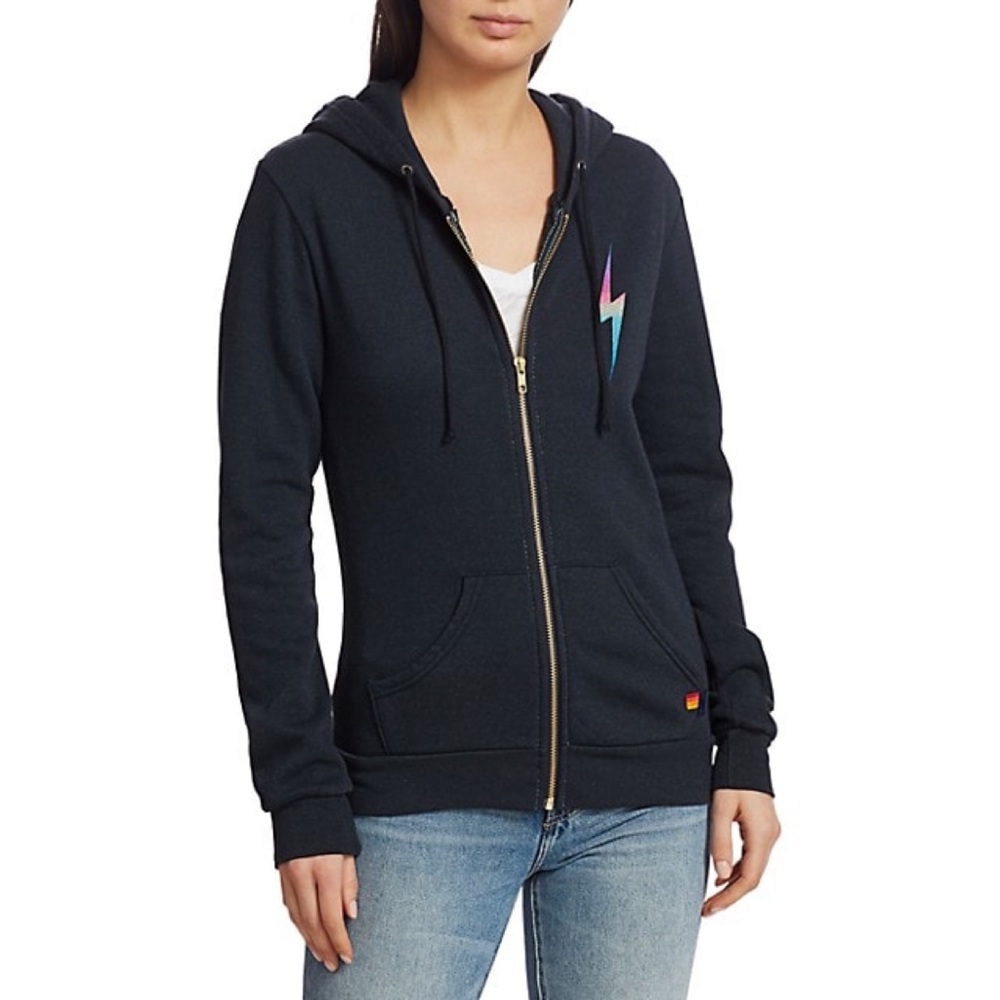 Aviator Nation Black Zip Hoodie with Pink-to-Blue Lightning Bolt - Picture 2 of 8